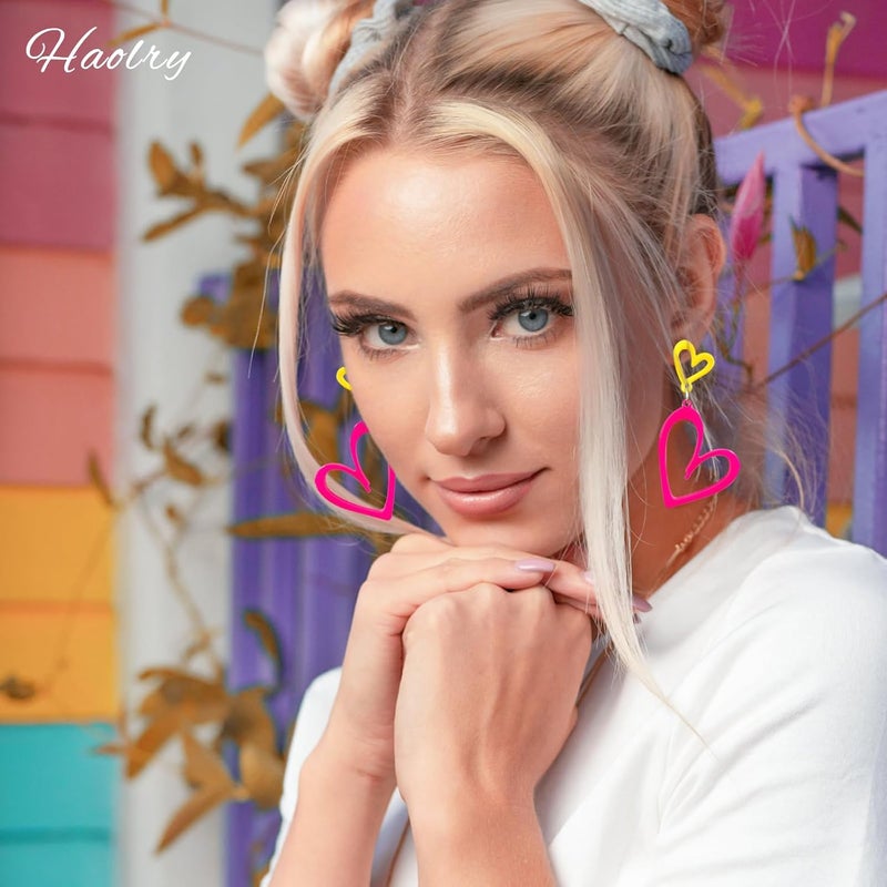 HOLYRY Neon Heart Earrings for Women Acrylic Neon Earrings 80s 90s Outfit for Women Glow Party Accessories Gifts Hot Pink Orange Green Yellow - Image 5